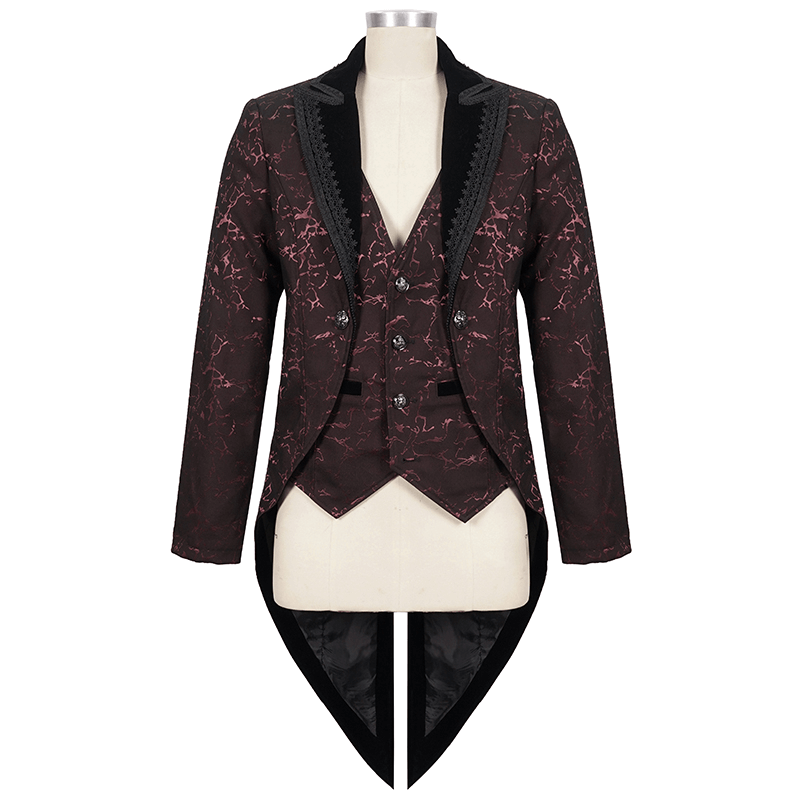 Men's Wine Red Slim Two-Piece Coat / Gothic Bright Patterned Tailcoat Decorated With Buttons & Lace - HARD'N'HEAVY