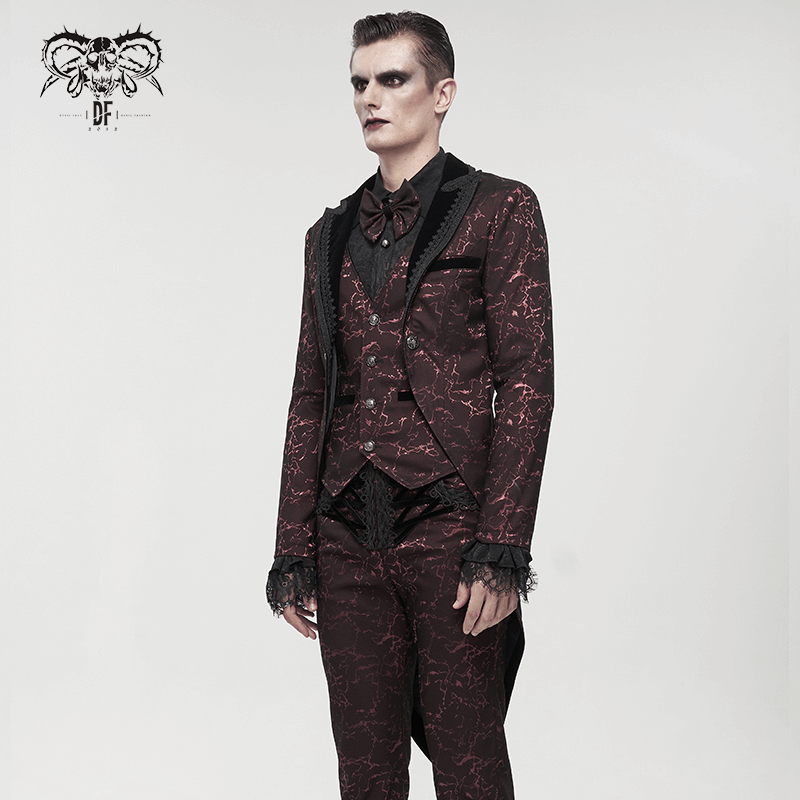 Men's wine red gothic two-piece coat with bright patterned tailcoat, buttons, and lace detailing.