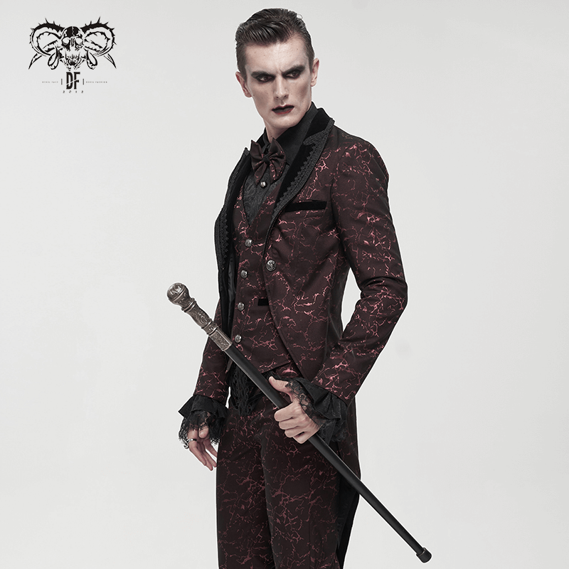 Gothic men's wine red two-piece coat with buttons and lace, styled with a cane for an elegant look.