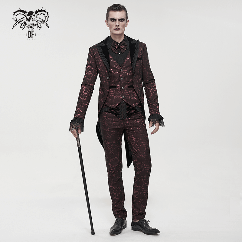 Men's Wine Red Slim Two-Piece Coat / Gothic Bright Patterned Tailcoat Decorated With Buttons & Lace - HARD'N'HEAVY