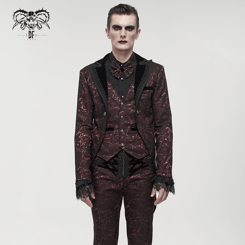 Men's wine red gothic two-piece coat featuring intricate patterns, lace, and elegant buttons, modeled in a chic pose.