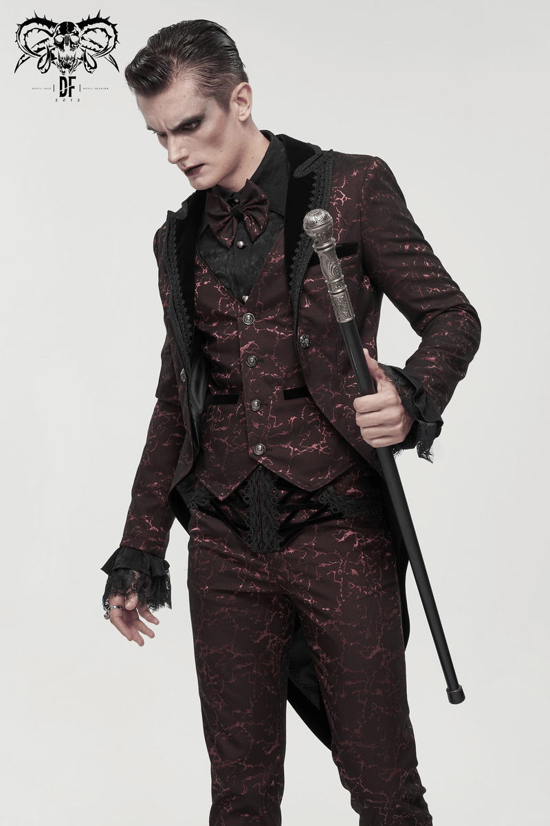 Men's wine red two-piece gothic coat with elegant patterns, buttons, and lace details, perfect for stylish occasions.
