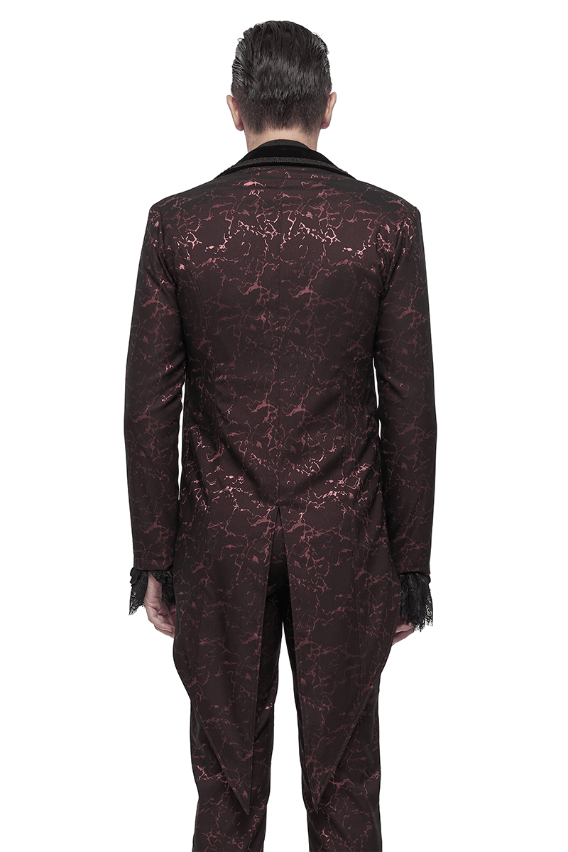 Men's Wine Red Slim Two-Piece Coat / Gothic Bright Patterned Tailcoat Decorated With Buttons & Lace - HARD'N'HEAVY