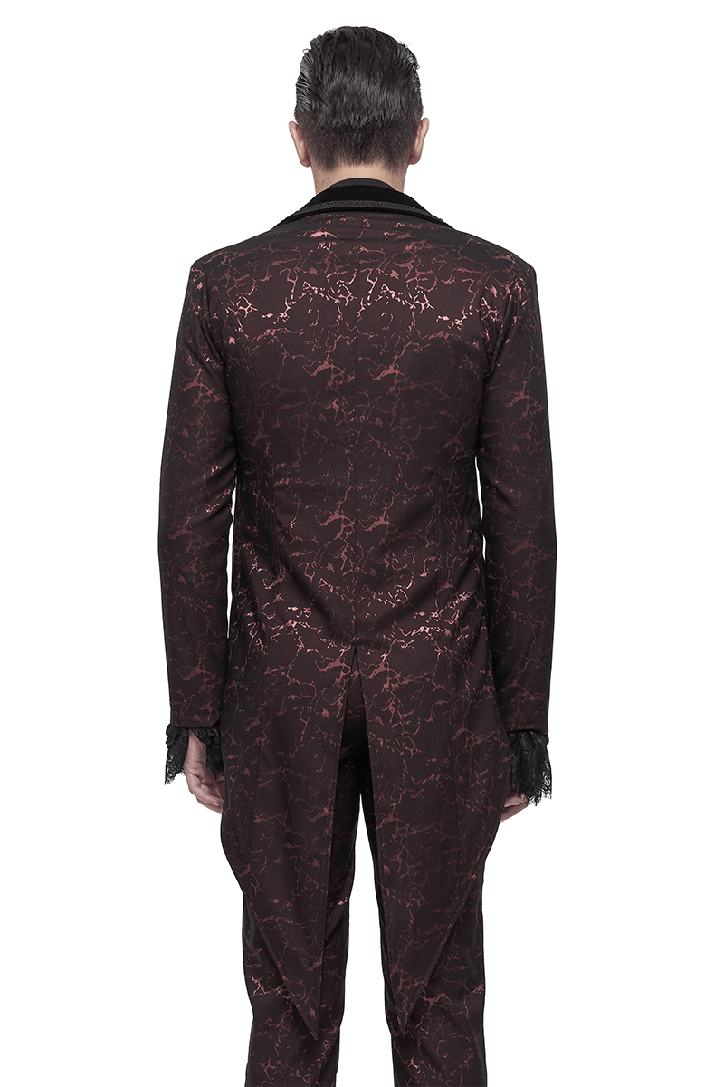 Men's wine red gothic coat from the back, featuring elegant lace and button details in a unique patterned design.