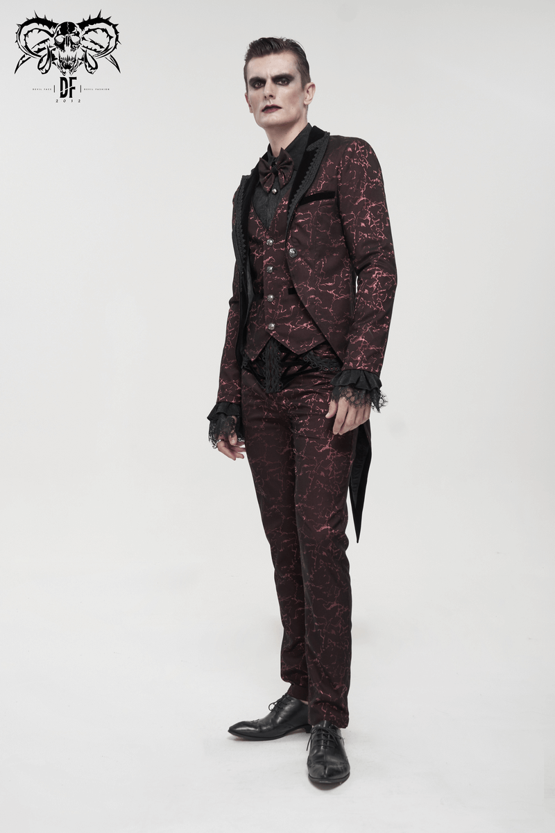 Fashionable model wearing men's wine red gothic two-piece coat with vintage design, lace details, and buttons.