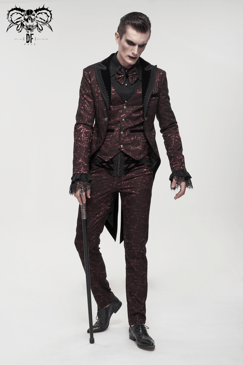 Men's wine red two-piece gothic coat with buttons, lace, and stylish cane, showcasing an elegant vintage look.