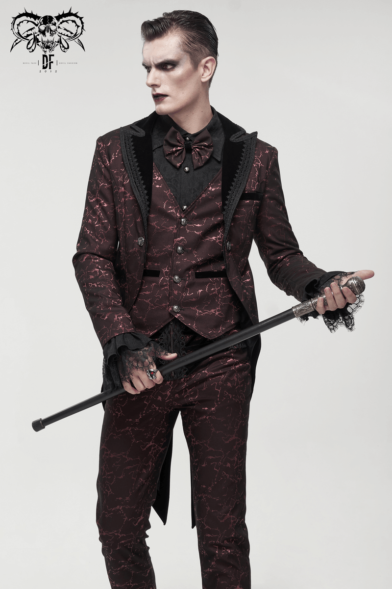 Gothic men's wine red two-piece coat featuring buttons and lace, modeled with a cane.