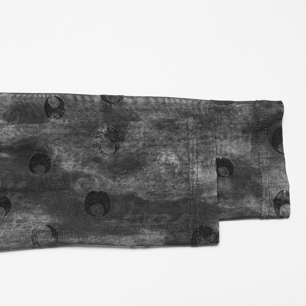 Detail of mesh long sleeve top featuring crescent print and sheer design, perfect for gothic fashion.