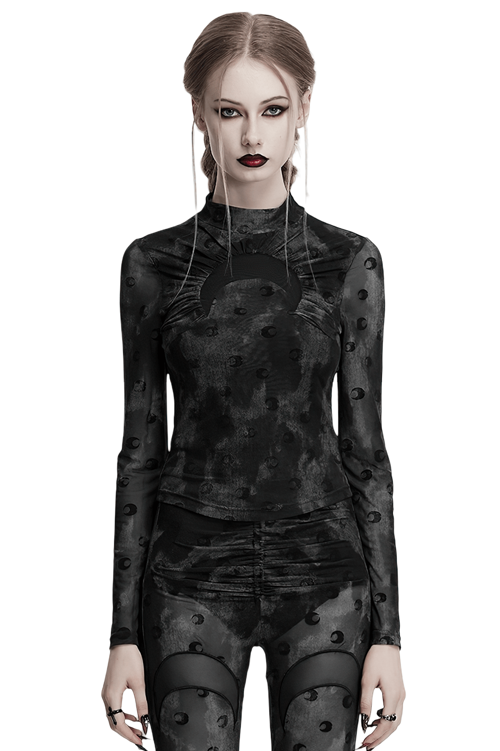 Gothic mesh crescent print long sleeve top with high collar for bold layering.