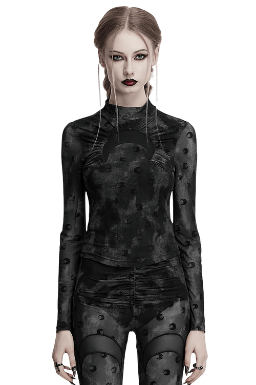 Mesh Crescent Print Long Sleeve Top with High Collar