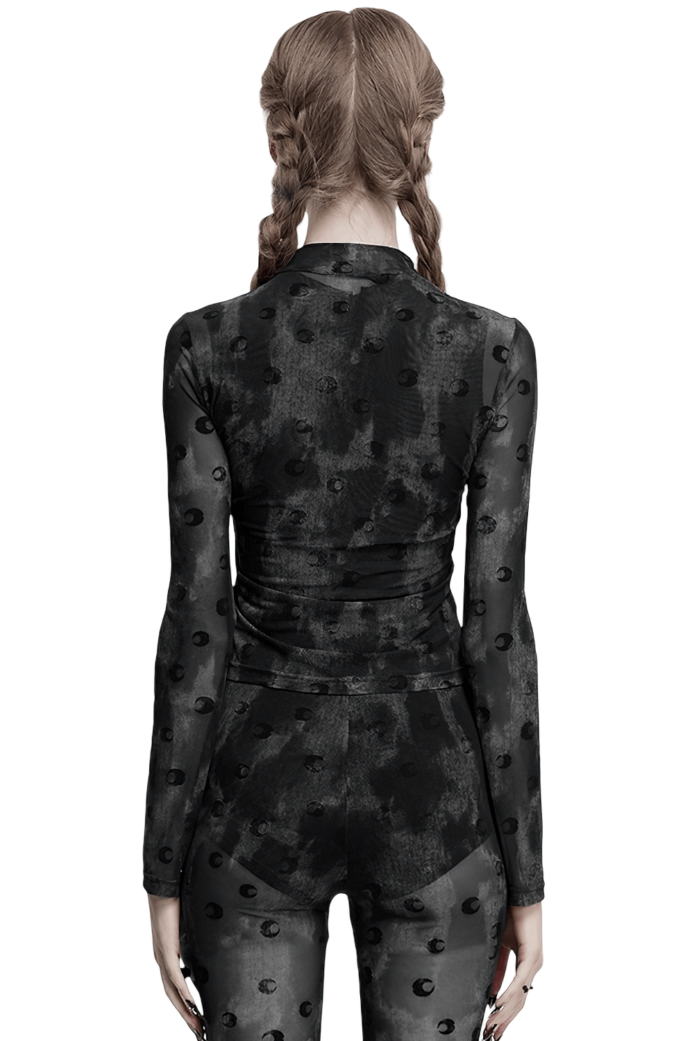 Back view of a gothic mesh long sleeve top with crescent print, showcasing its fitted design and unique cut-out details.