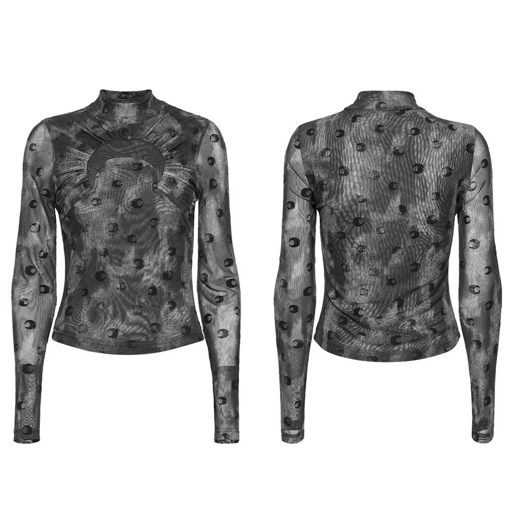 Mesh crescent print long sleeve top with high collar and unique cut-out design, perfect for dark fashion.