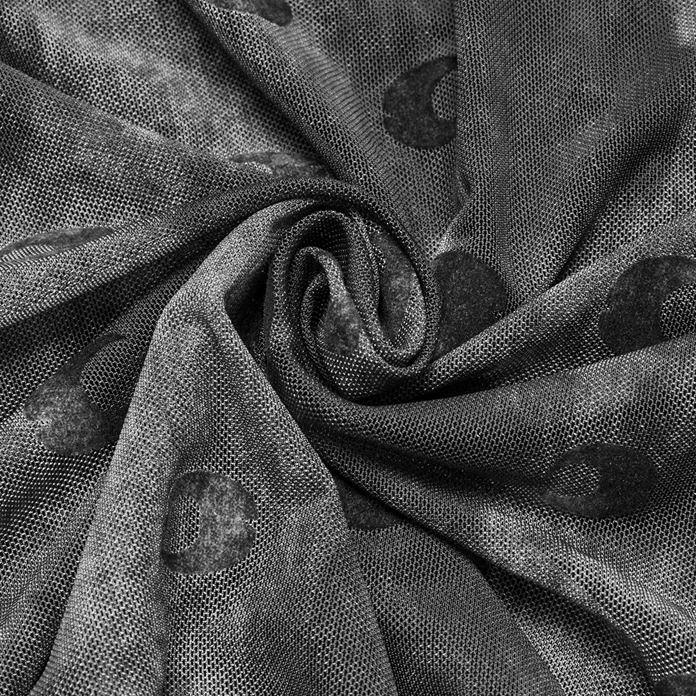 Soft black mesh fabric with crescent print, perfect for gothic style tops and layering in dark fashion.
