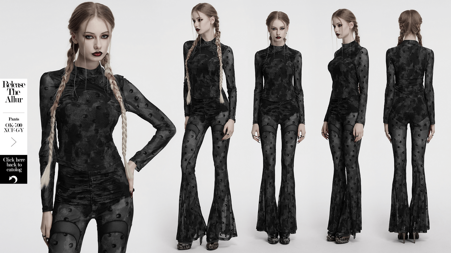 Gothic mesh crescent print long sleeve top with high collar, styled for dark fashion.