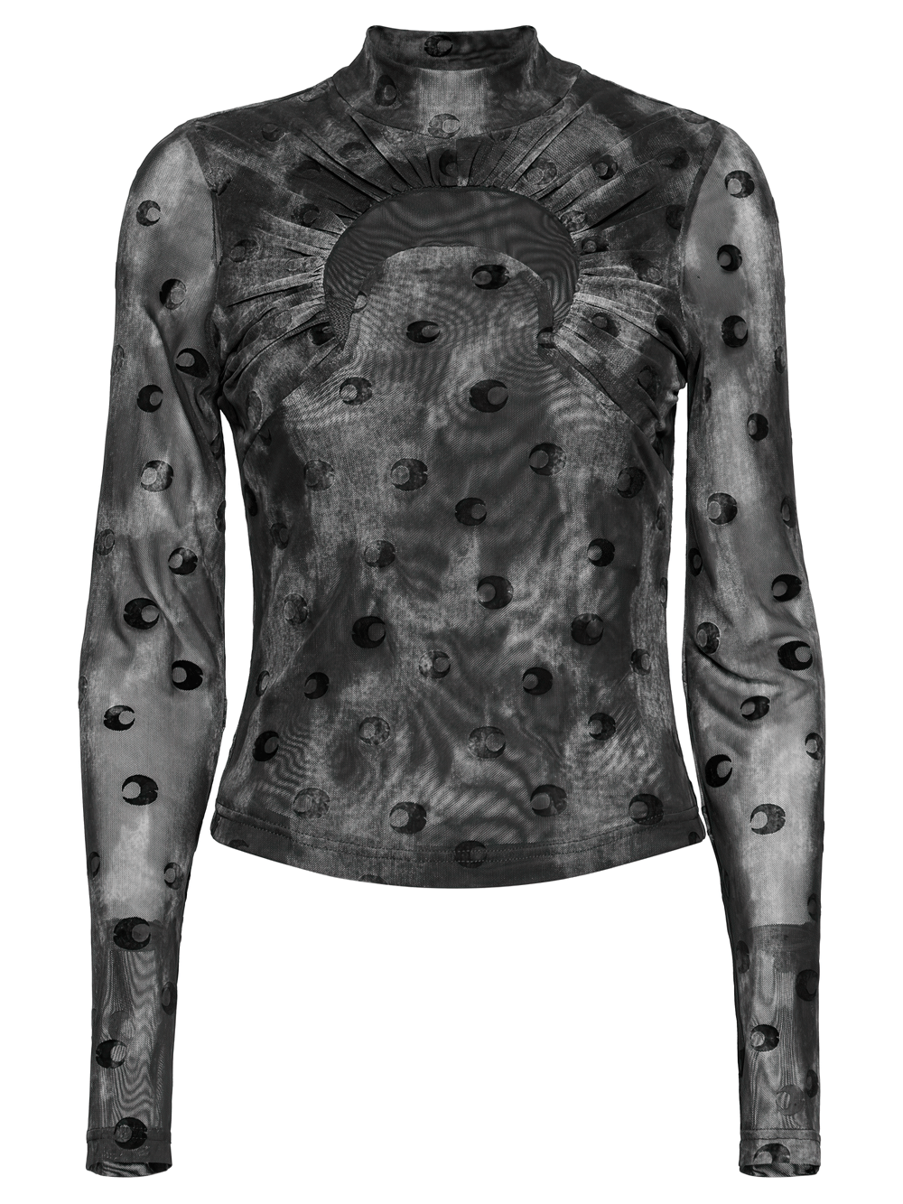 Sheer black mesh long sleeve top featuring crescent print and high collar, perfect for gothic fashion layering.