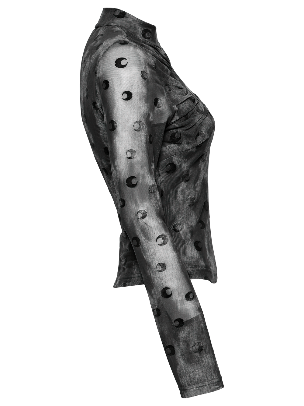 Mesh crescent print long sleeve top with high collar, showcasing a sheer design and body-hugging fit.