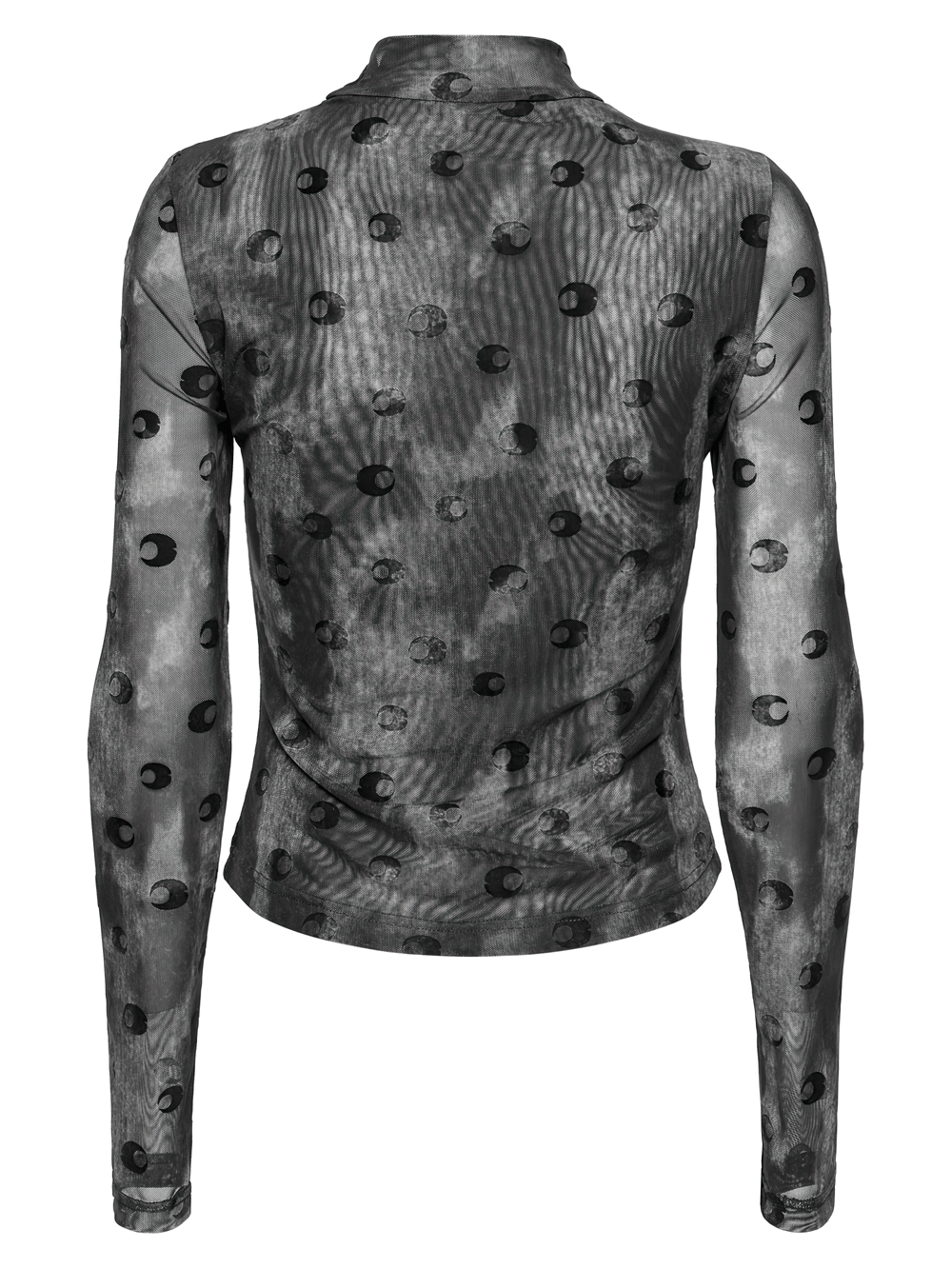 Mesh crescent print long sleeve top with high collar, showing sheer design and fitted silhouette from the back.