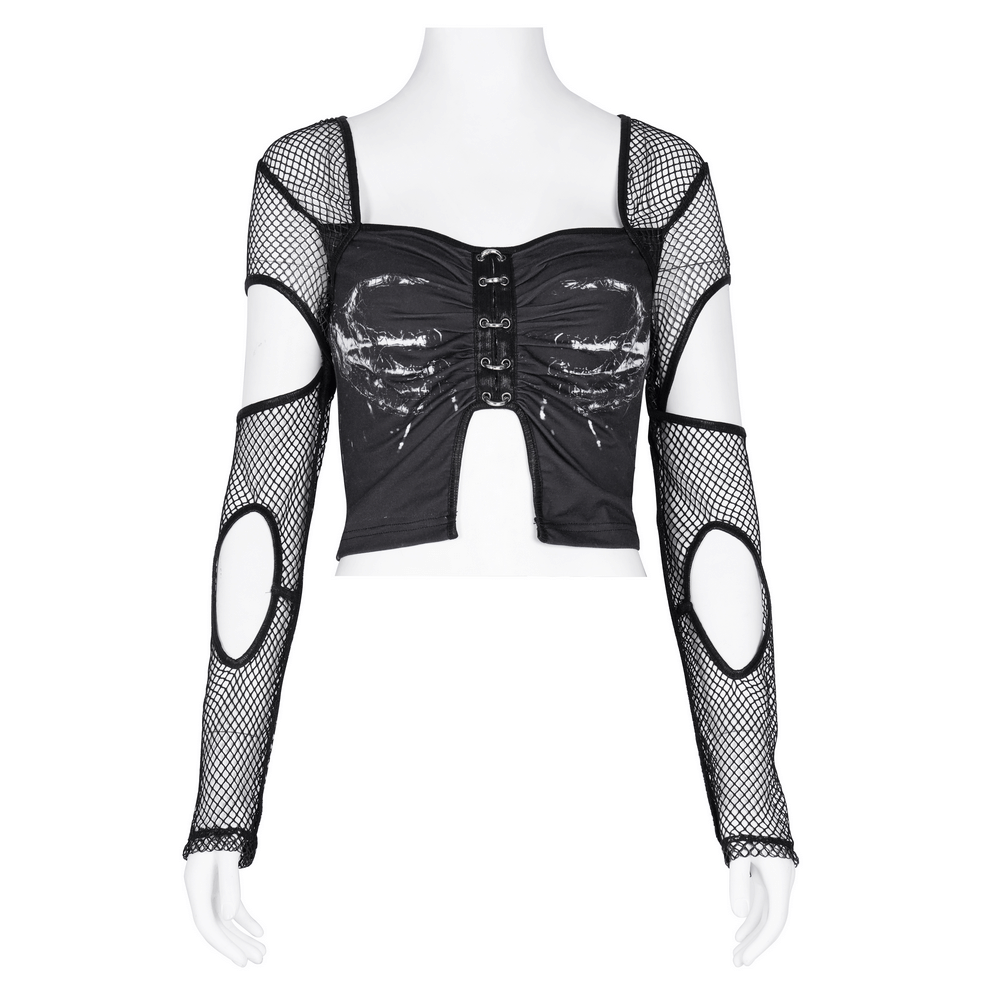 Edgy gothic black mesh long sleeved crop top with cutouts and unique front hook closure. Perfect for alternative fashion.