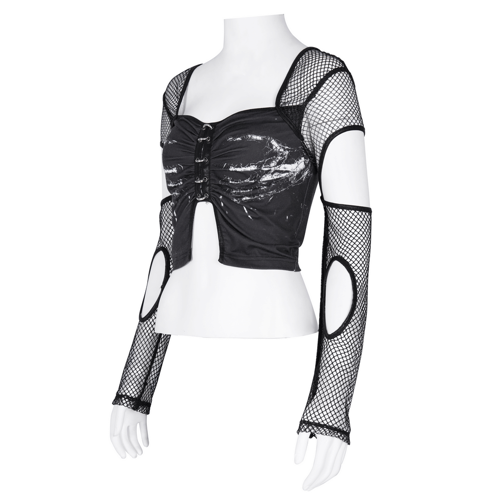 Edgy black mesh long sleeved crop top with cutouts, print details, and unique front hooks for alternative fashion lovers.