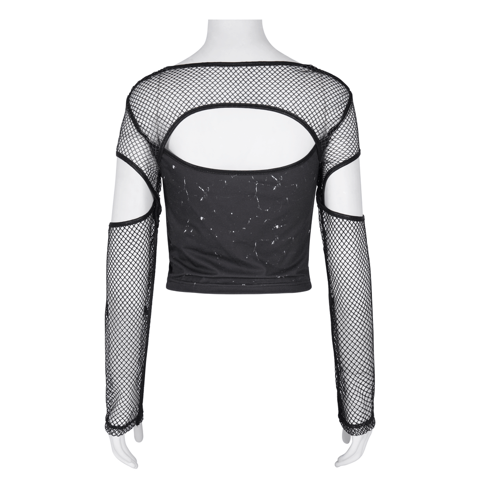 Back view of a Gothic black mesh long sleeved crop top with cutouts and unique print details. Perfect for alternative fashion!