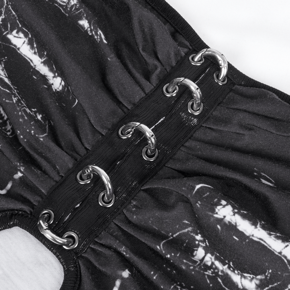 Close-up of the unique front hook closure on a Gothic black mesh crop top, showcasing its edgy design and detail.