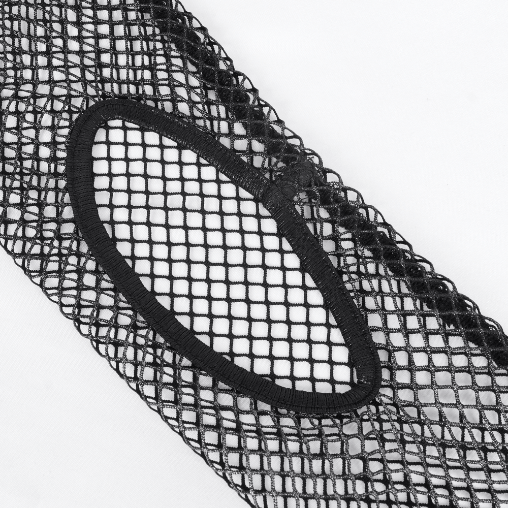 Close-up of edgy black mesh fabric with cutout design, perfect for alternative fashion and stylish crop tops.