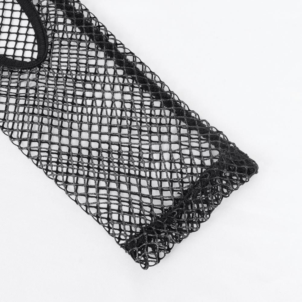 Close-up of edgy black mesh fabric with intricate netting, perfect for a long sleeved crop top design.