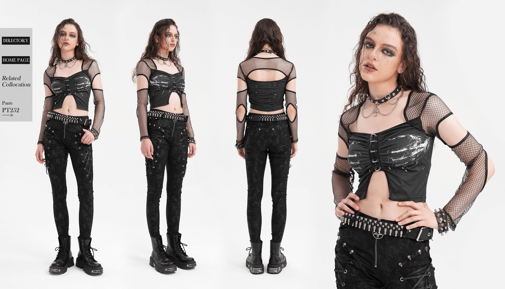 Edgy black mesh long-sleeved crop top with cutouts, paired with stylish black pants and accessories for a bold alternative look.