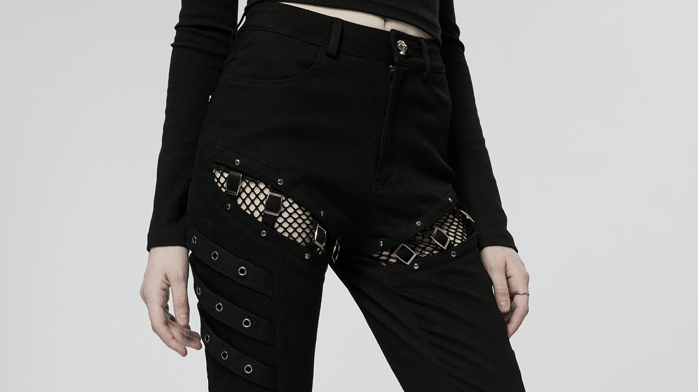 Punk sexy long pants with mesh detail, zigzag buckles, and eyelets for a daring edgy look.
