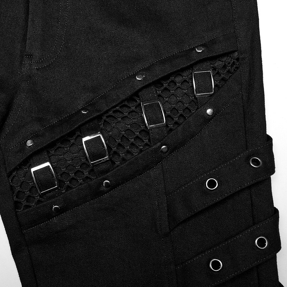 Edgy mesh panel detail of punk skinny pants with zigzag buckles and eyelets for a bold fashion statement.
