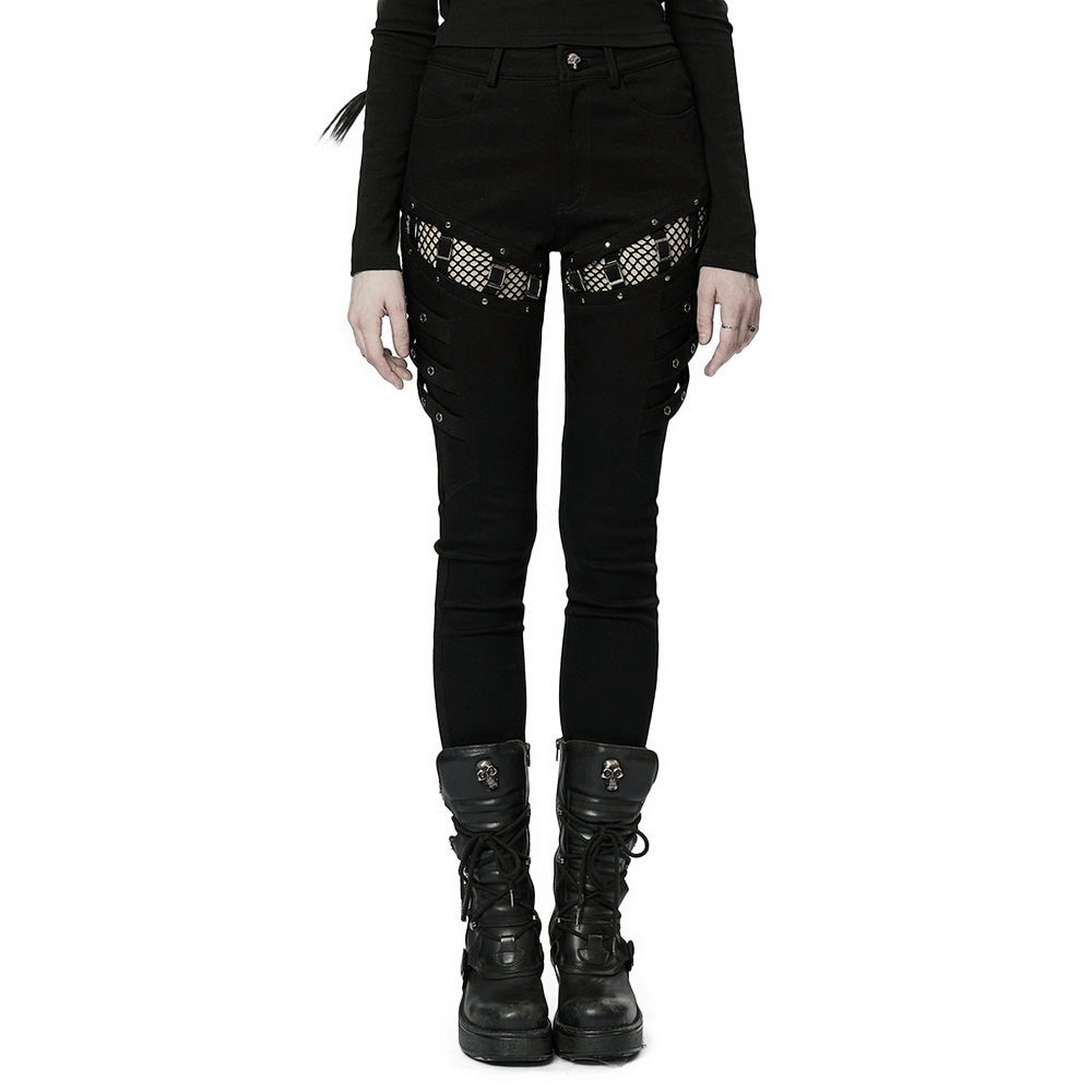 Punk sexy skinny pants with mesh detail and zigzag buckles, showcasing edgy style and a flattering fit.