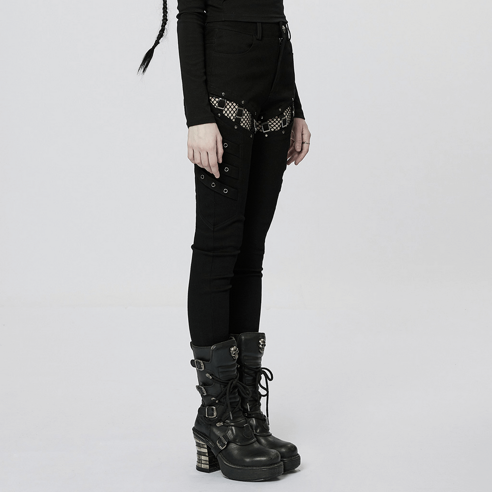 Skinny punk pants with mesh detail and zigzag buckles, paired with edgy black boots for a fierce look.