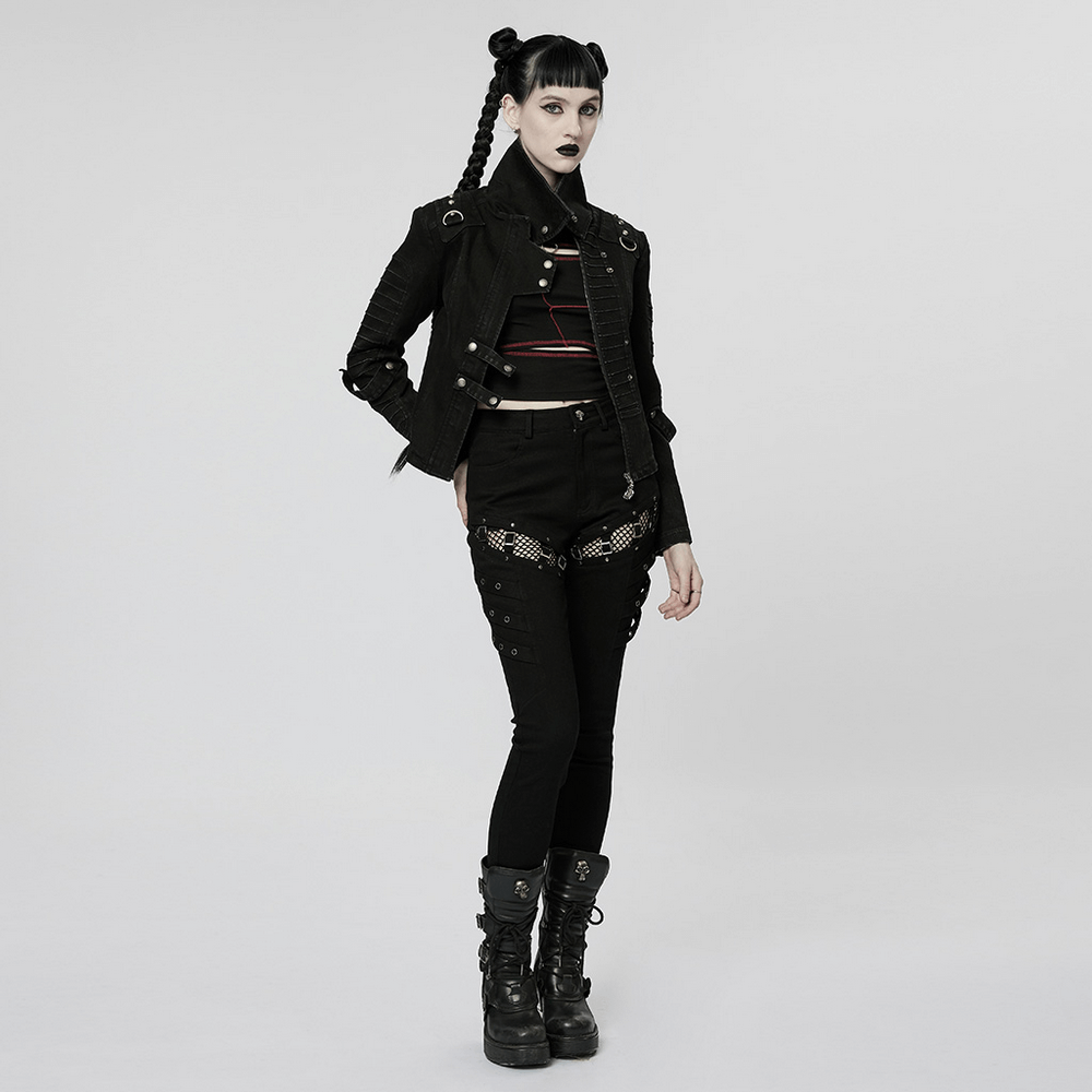 Model wearing black mesh panel zigzag buckle skinny punk pants with edgy style and gothic makeup.
