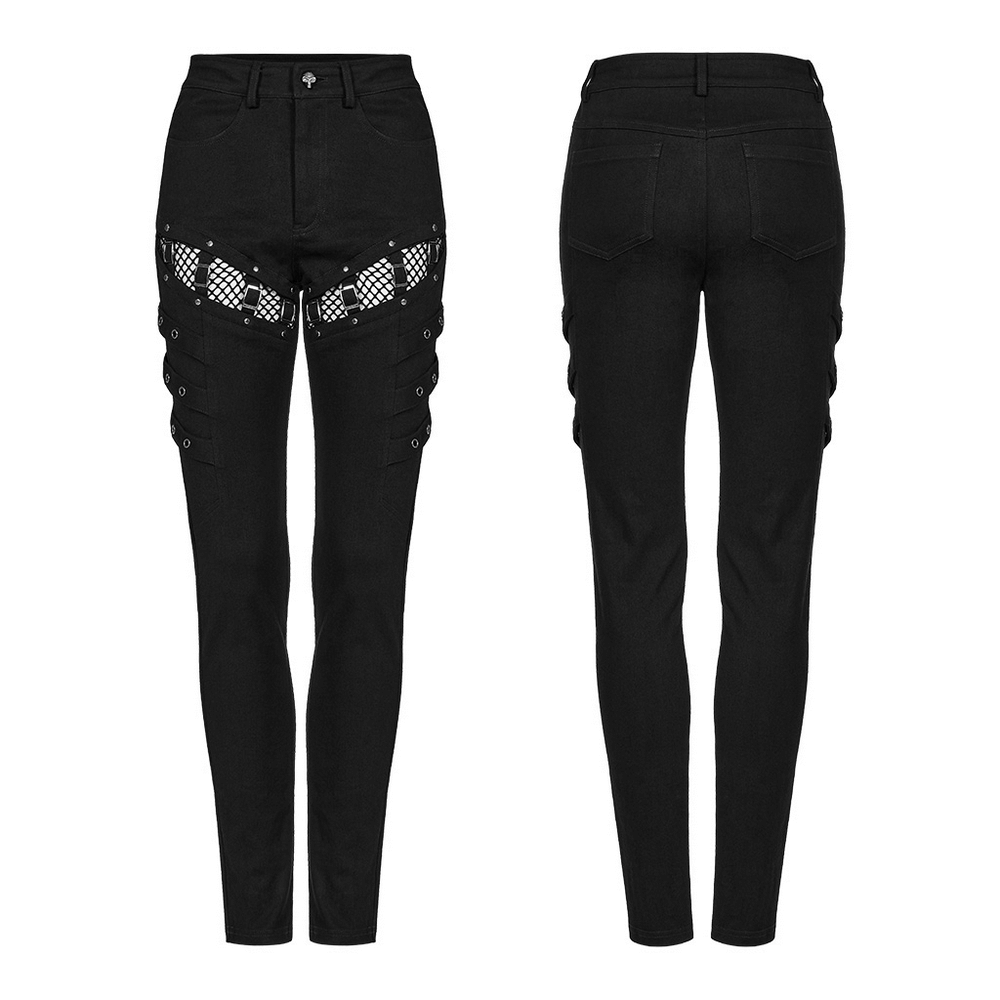 Punk skinny pants featuring mesh panels, zigzag buckles, and a sleek black design for a bold, edgy look.