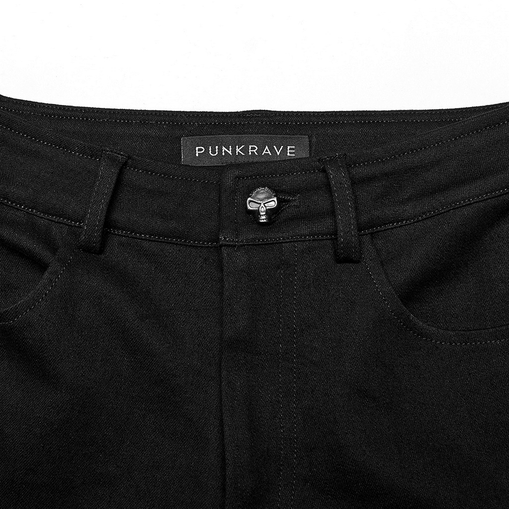 Close-up of Punkrave's skinny punk pants featuring a stylish buckle and sleek black denim design.