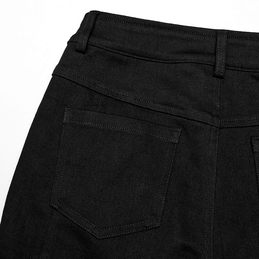 Back view of black skinny punk pants showcasing pockets and fitted design details.