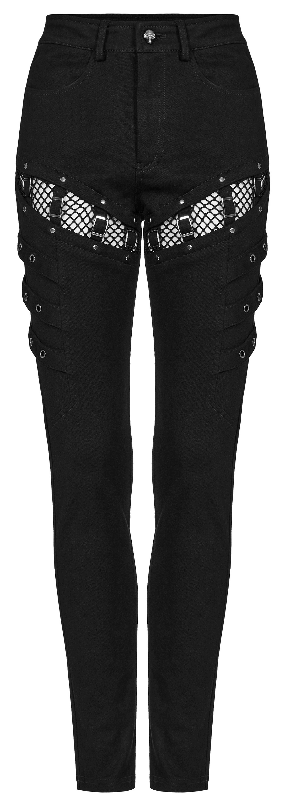 Black skinny punk pants with mesh panel and zigzag buckles for an edgy, stylish look.