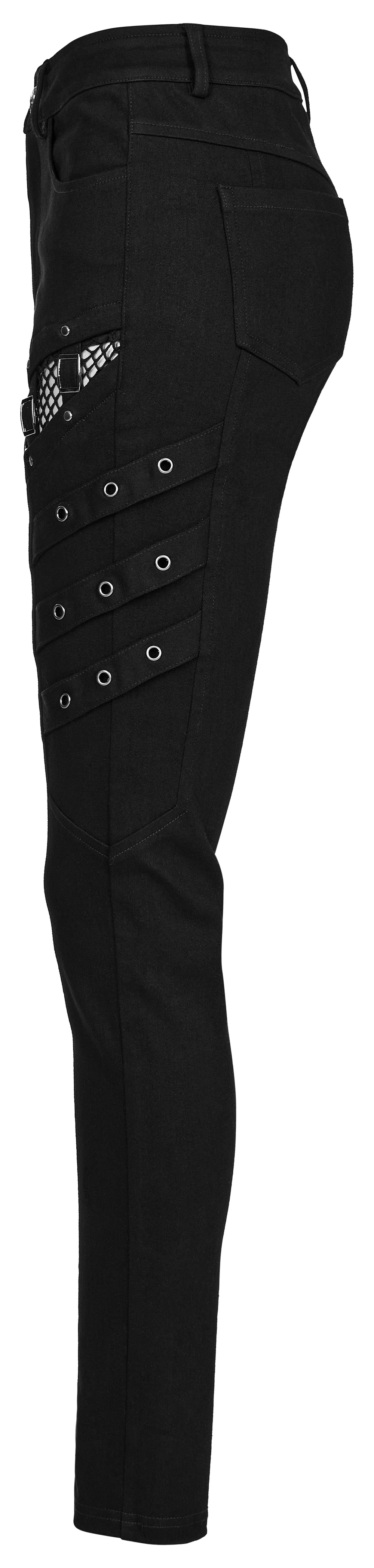 Sleek black skinny punk pants with mesh, zigzag buckles, and eyelets for a daring, edgy look.