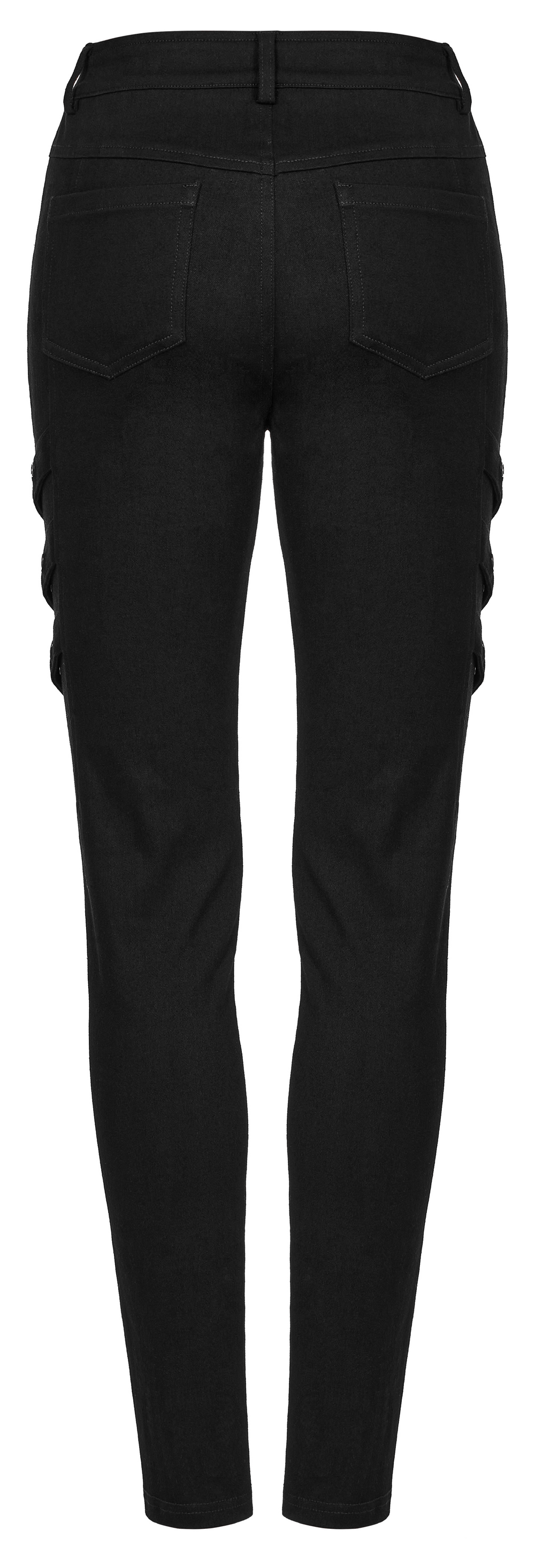 Back view of black skinny punk pants with mesh panel details and zigzag buckles for a daring, stylish look.
