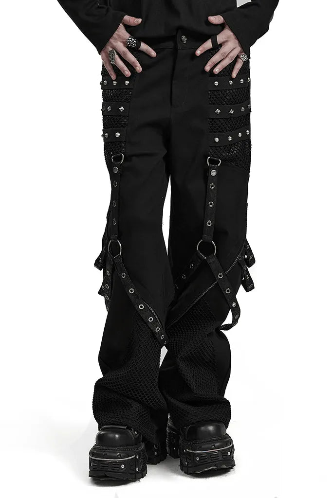 Gothic style wide-leg punk trousers with mesh panels and riveted detailing, perfect for edgy fashion lovers.