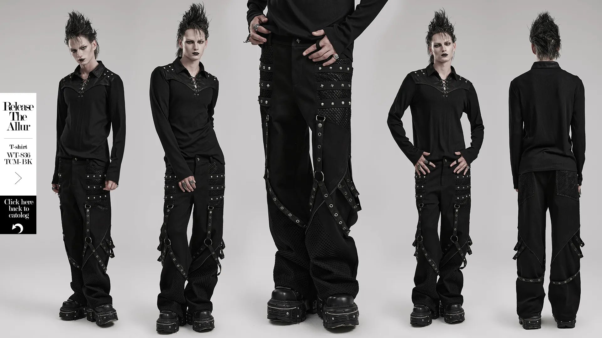 Gothic style punk wide-leg trousers featuring riveted mesh detailing and detachable accents for an edgy look.