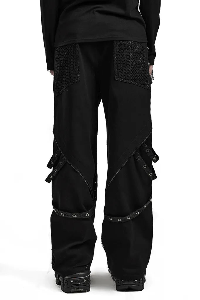 Back view of punk wide leg gothic pants with mesh detailing and detachable accents, showcasing edgy rebel style.