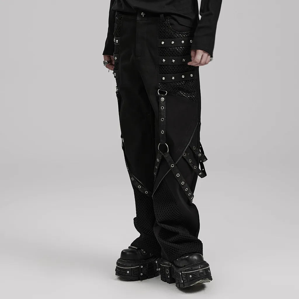 Edgy gothic style mesh-paneled wide-leg trousers with detachable accents and riveted details.