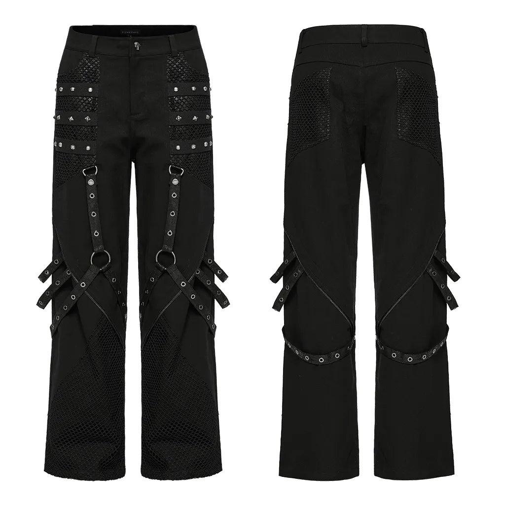 Gothic style mesh-paneled wide-leg pants with rivets and detachable accents - punk-inspired fashion statement.