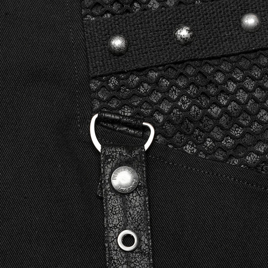 Close-up of mesh-paneled gothic pants with rivets and detachable accents for a punk-inspired edgy look.