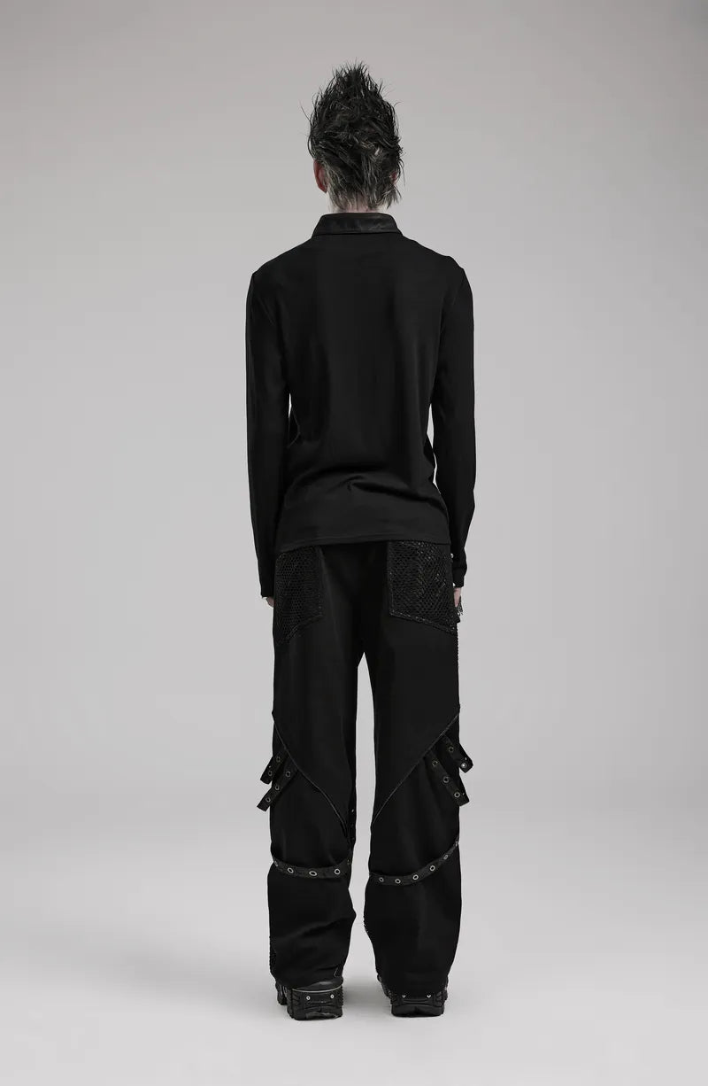 Back view of gothic-style mesh-paneled wide-leg trousers featuring detachable accents, perfect for a punk-inspired look.