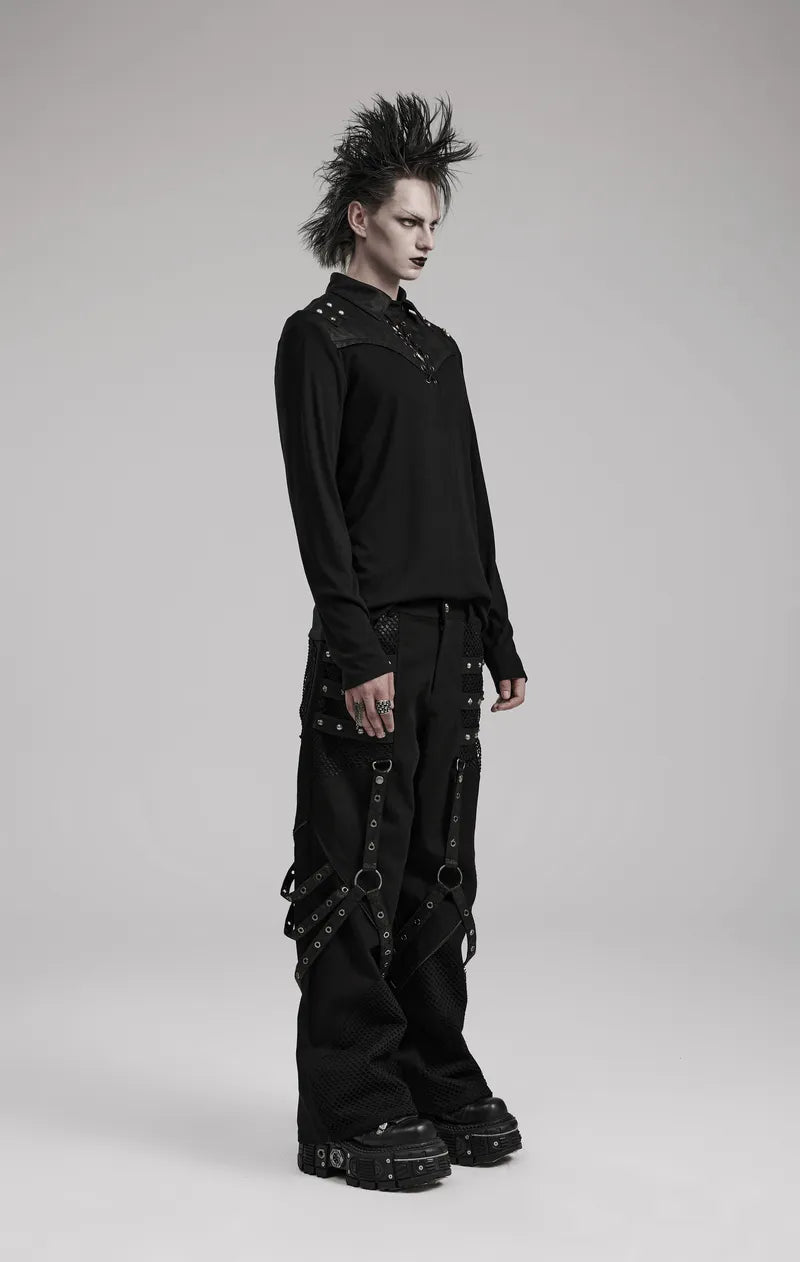 Model showcasing Gothic style punk wide leg trousers with riveted mesh details and detachable accents.