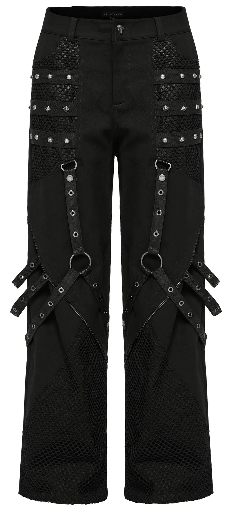 Edgy gothic style wide-leg pants with riveted mesh detailing and detachable accents for versatile punk fashion.