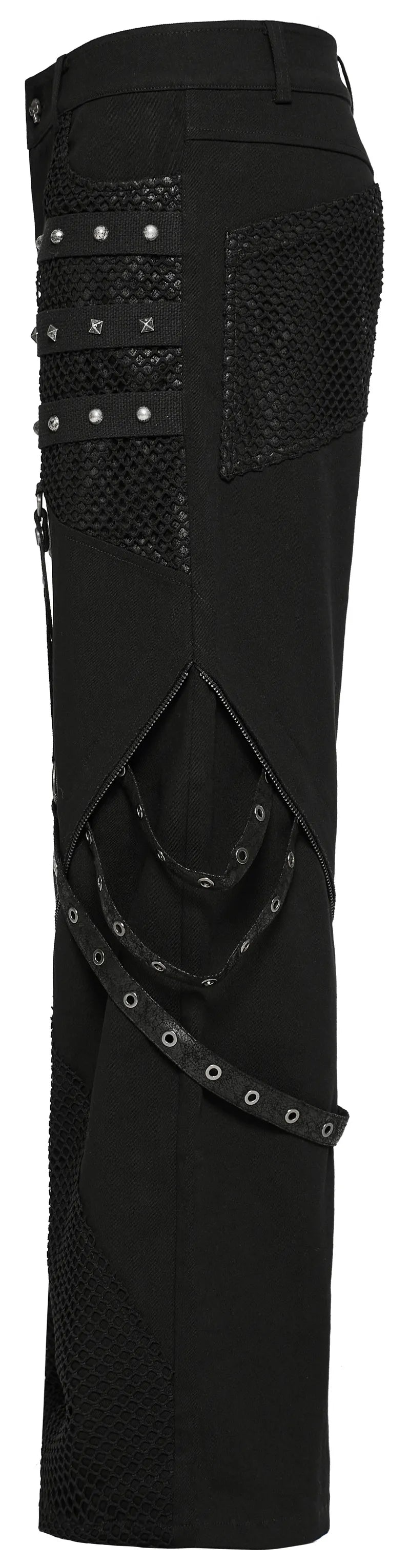 Gothic style mesh-paneled wide-leg pants with detachable accents and riveted detailing for a punk-inspired look.