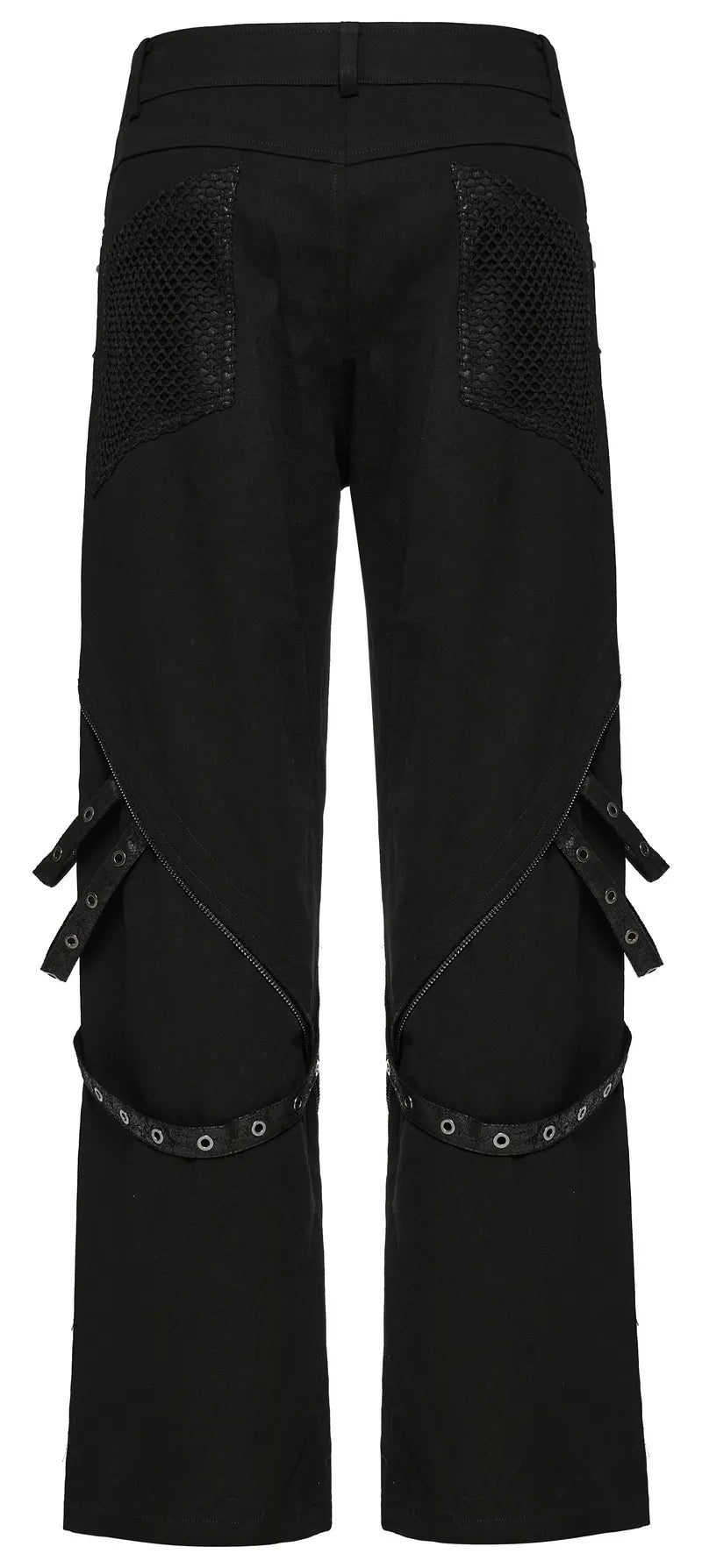 Gothic style wide-leg trousers featuring riveted mesh detailing and detachable accents for a punk-inspired look.